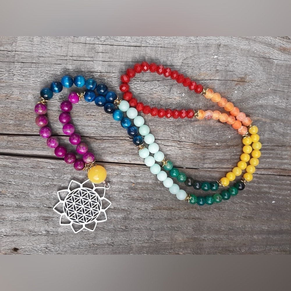 Artisan Hand Crafted Genuine Stone Mala 108 Beads and Mandala Sun Pendant